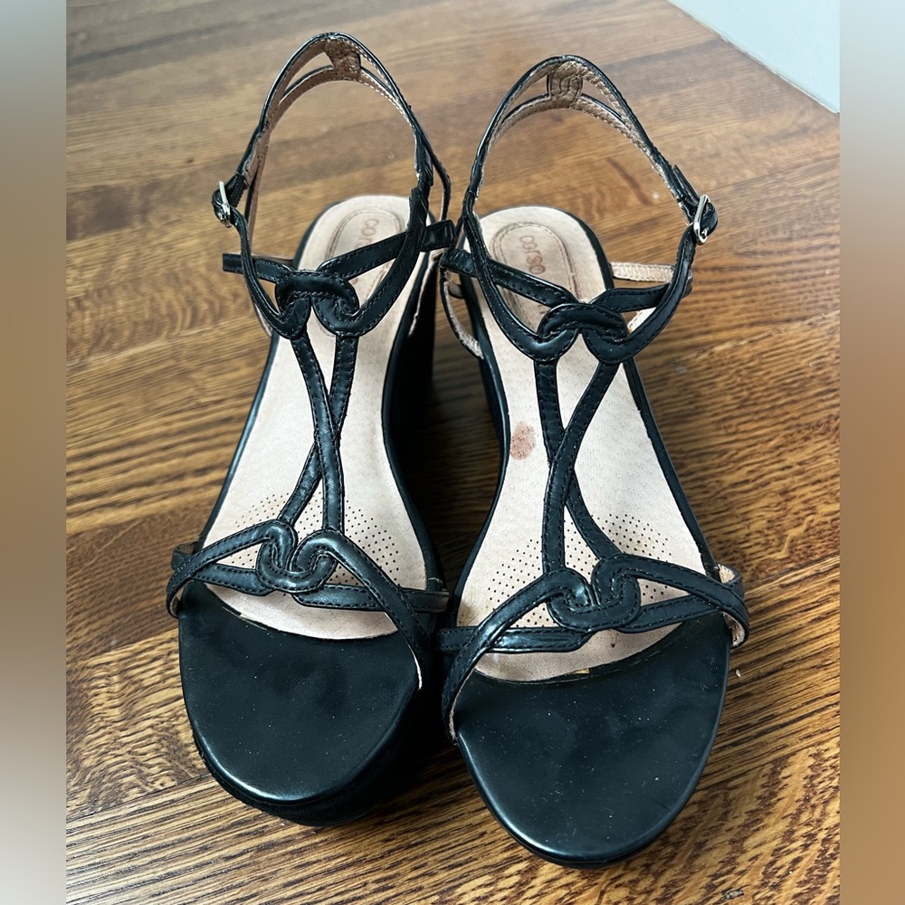 CORSO COMO Pooky Wedge Sandals Italian Patent Leather Strappy Black Luxury 6.5